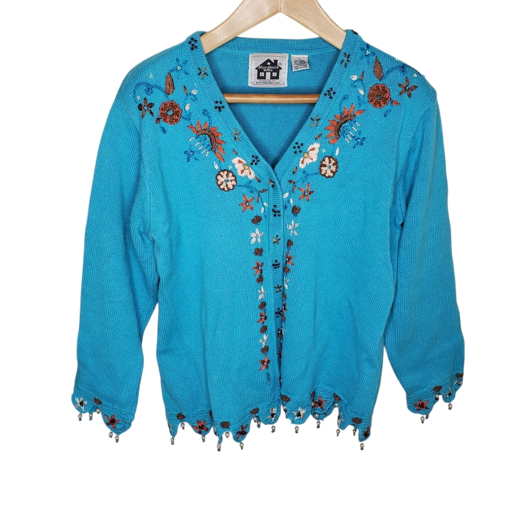 Storybook knit Cardigan sweater Beaded  teal blue large Cottagecore 257 Coastal
